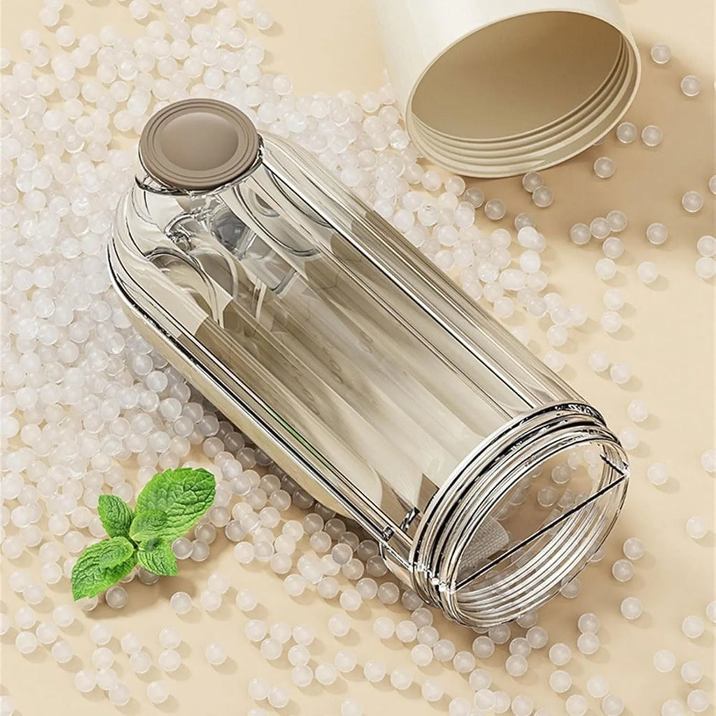 Beige foldable dog water bottle with food dispenser base for outdoor walking and travel