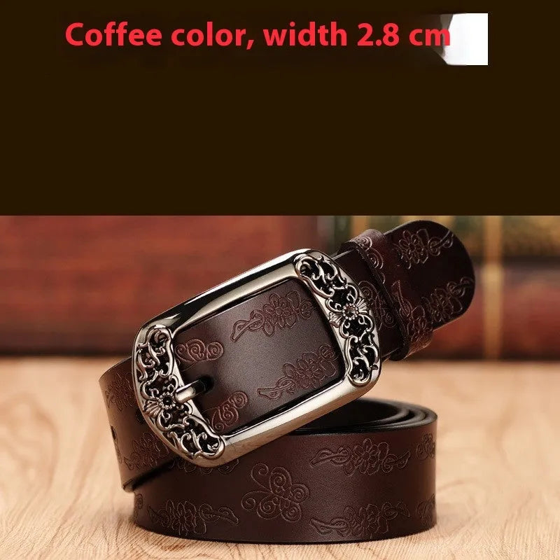 Women's thin decorative jeans belt with alloy buckle in black or brown colour options