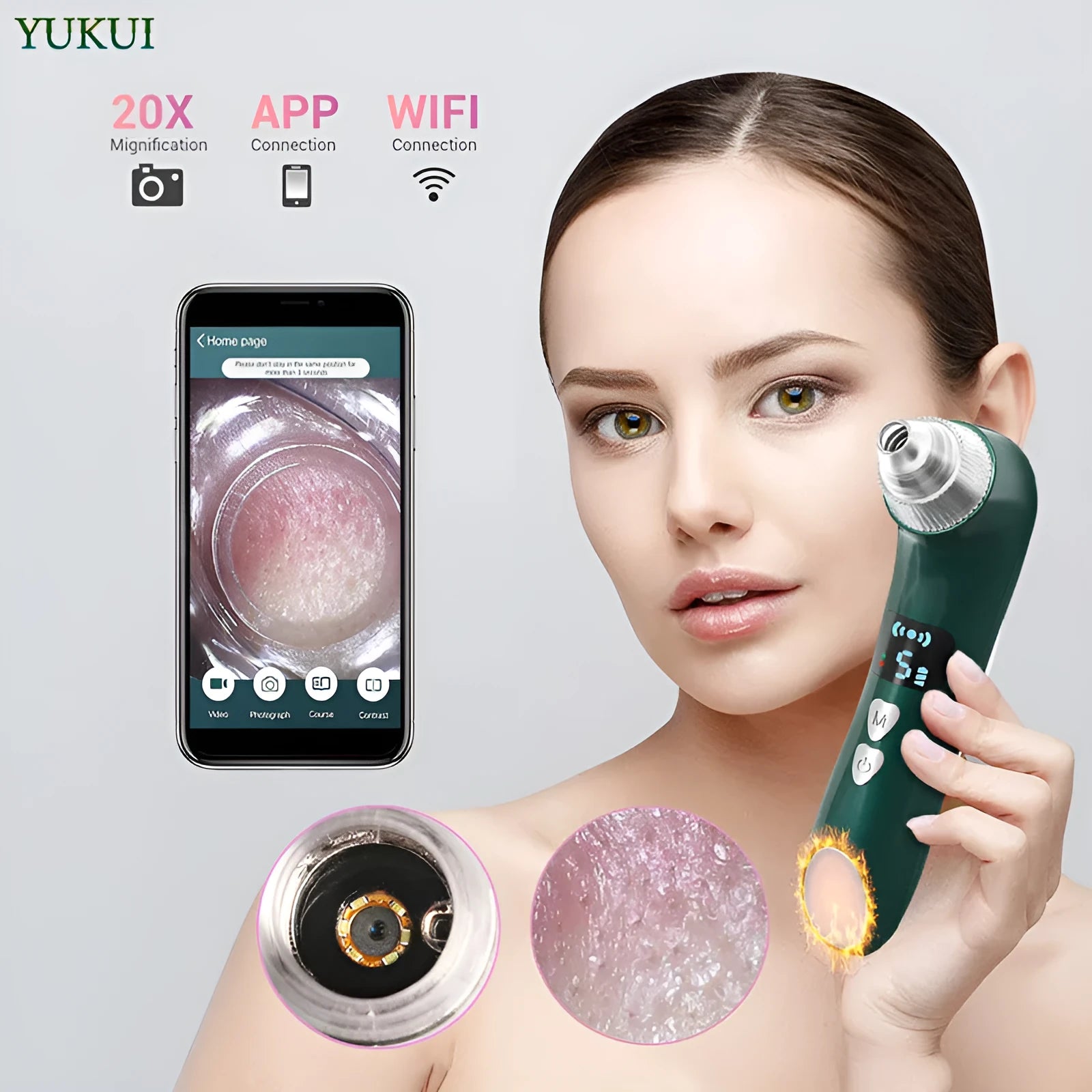Green heating blackhead instrument with hot compress mode and app control on a white background
