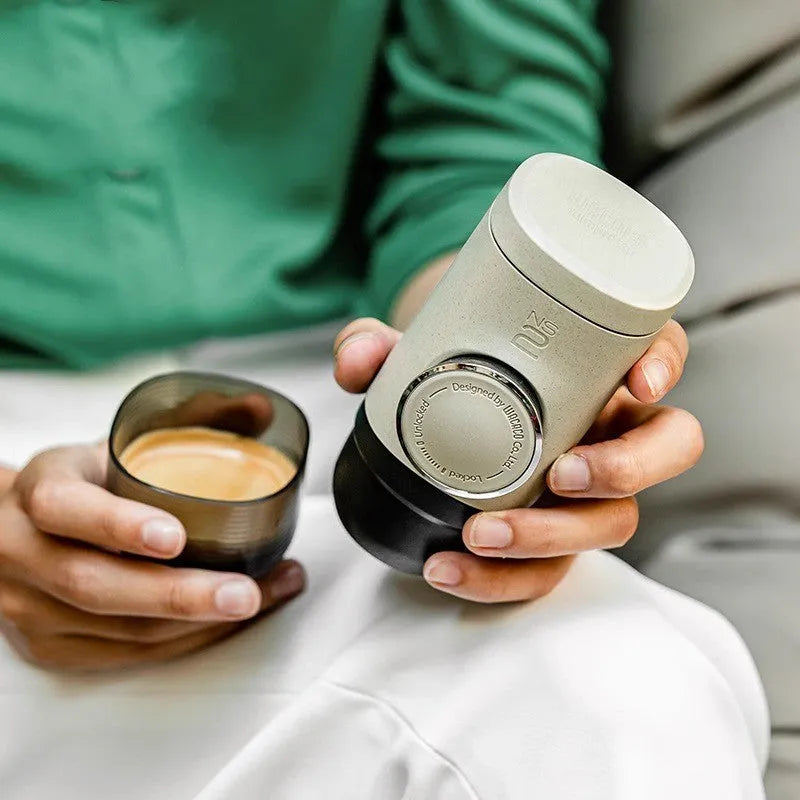 Manual espresso portable capsule coffee machine in olive gray with built-in cup and storage bag