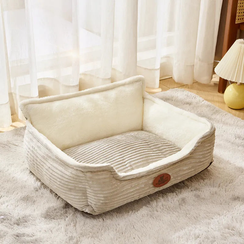 Coffee and white removable washable pet bed for dogs and cats in five sizes from XS to XL.