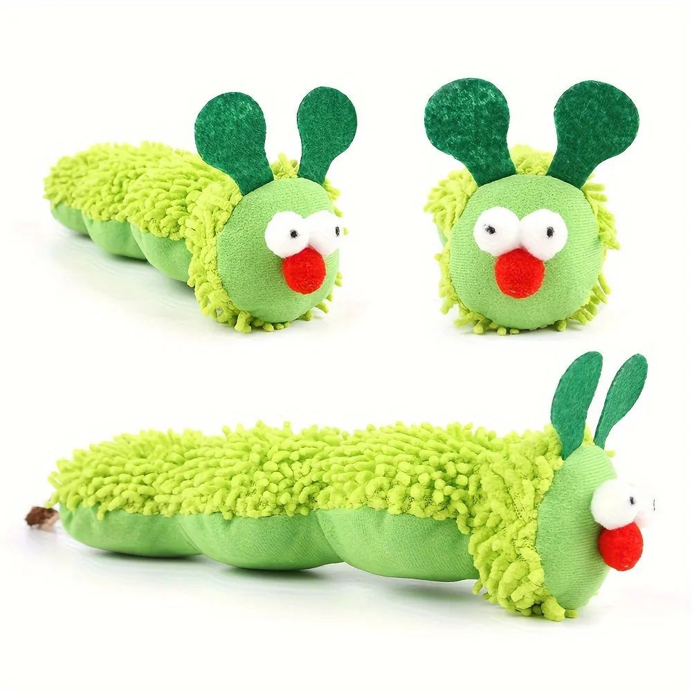 Green interactive plush cat toy pillow measuring 24cm long for battery-free play