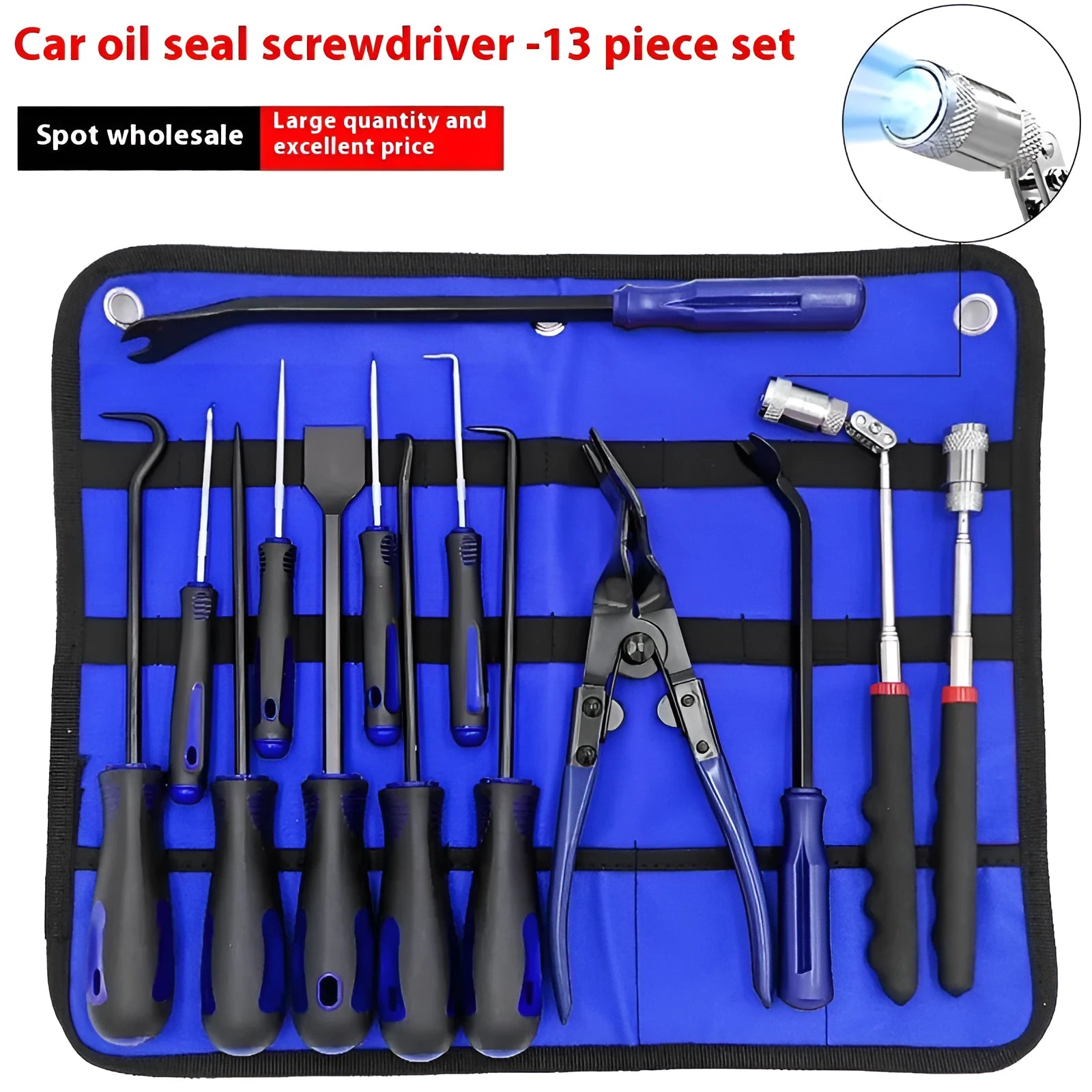 13-piece oil seal screwdriver hook set in blue with Oxford strap cloth bag for auto repair disassembly