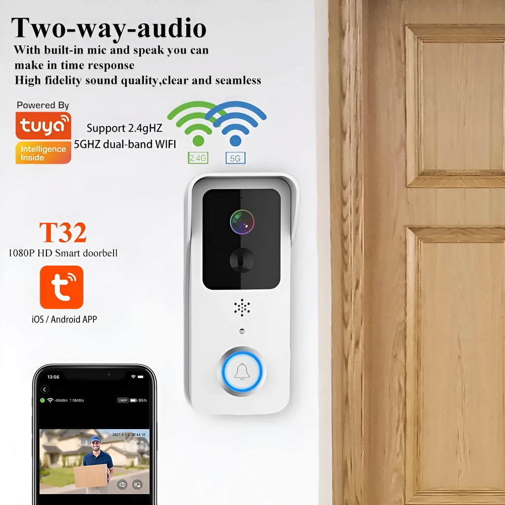Black or white smart waterproof HD visual doorbell with camera and intercom for outdoor security.