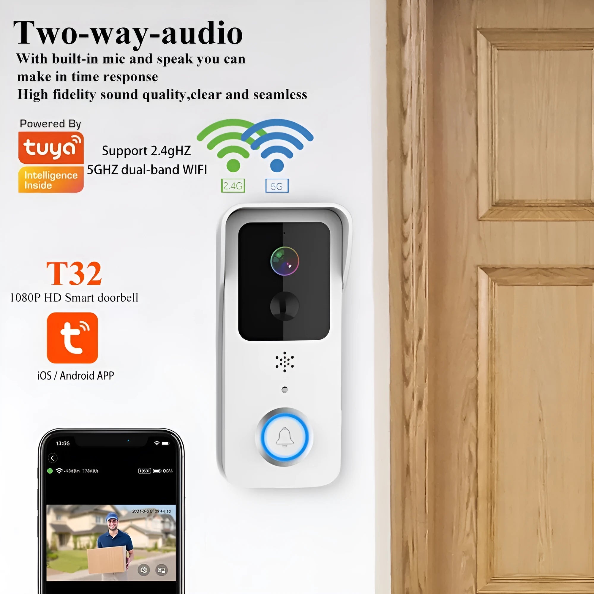 Black or white smart waterproof HD visual doorbell with camera and intercom for outdoor security.