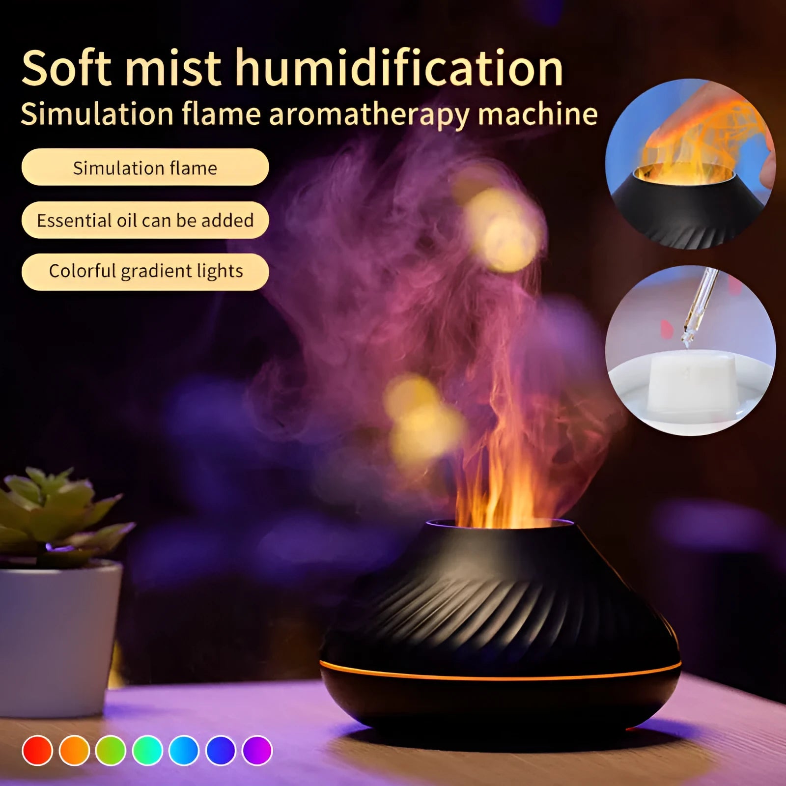 Volcanic flame aroma diffuser with LED lights and water mist emission