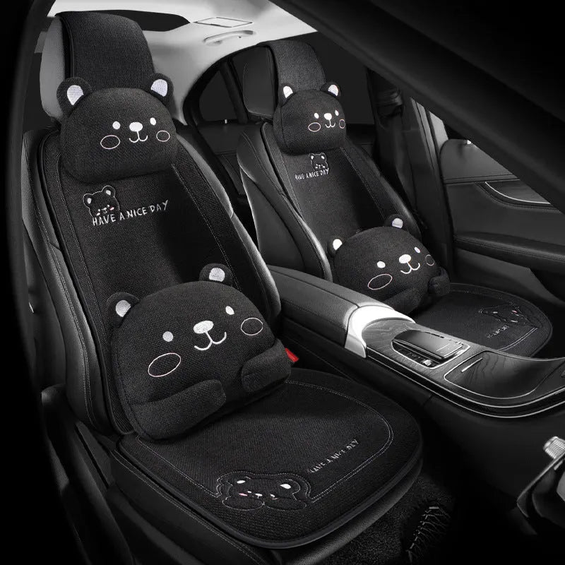 Car seat cushion set showing headrest pillow and lumbar support pillow in linen covers