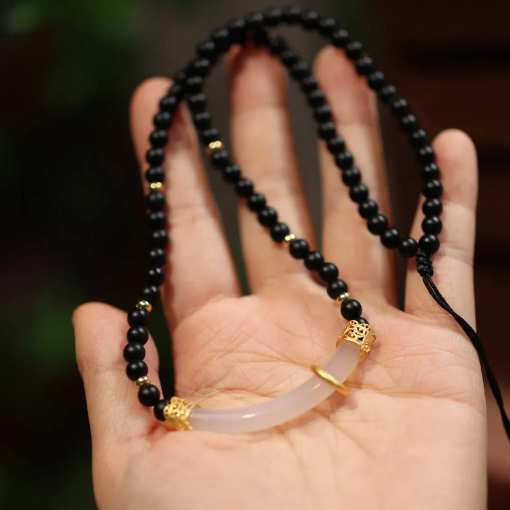 Natural frosted black agate and white chalcedony necklace with 925 silver U-shaped pendant