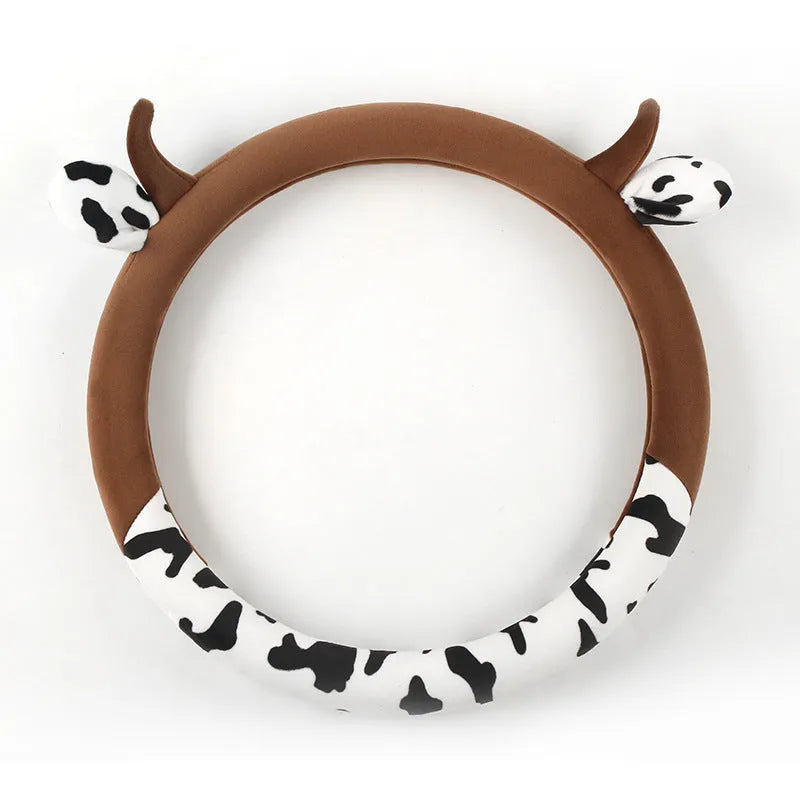 Black short plush automotive steering wheel cover showing protective handle feature