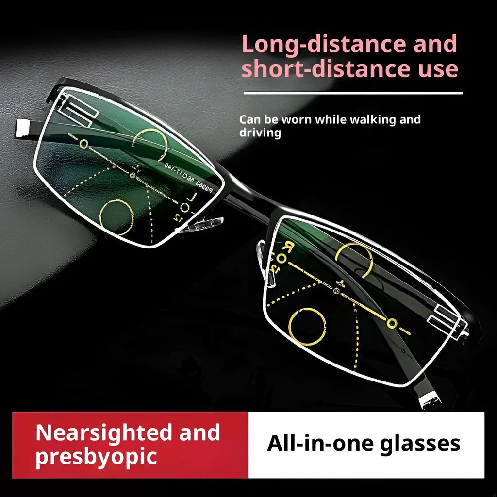 Integrated focus reading glasses with metal optical frame, dragon and phoenix pattern, black blue or gun colour