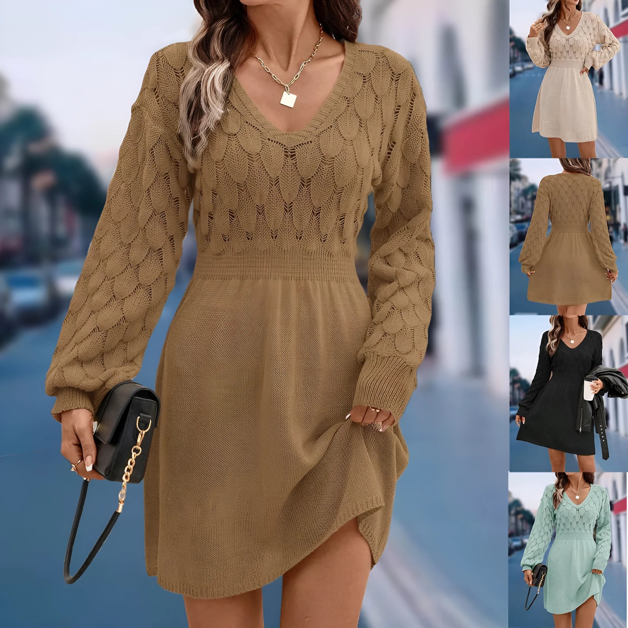V-neck long sleeve beach dress with a 3D pattern and high waist in apricot colour.