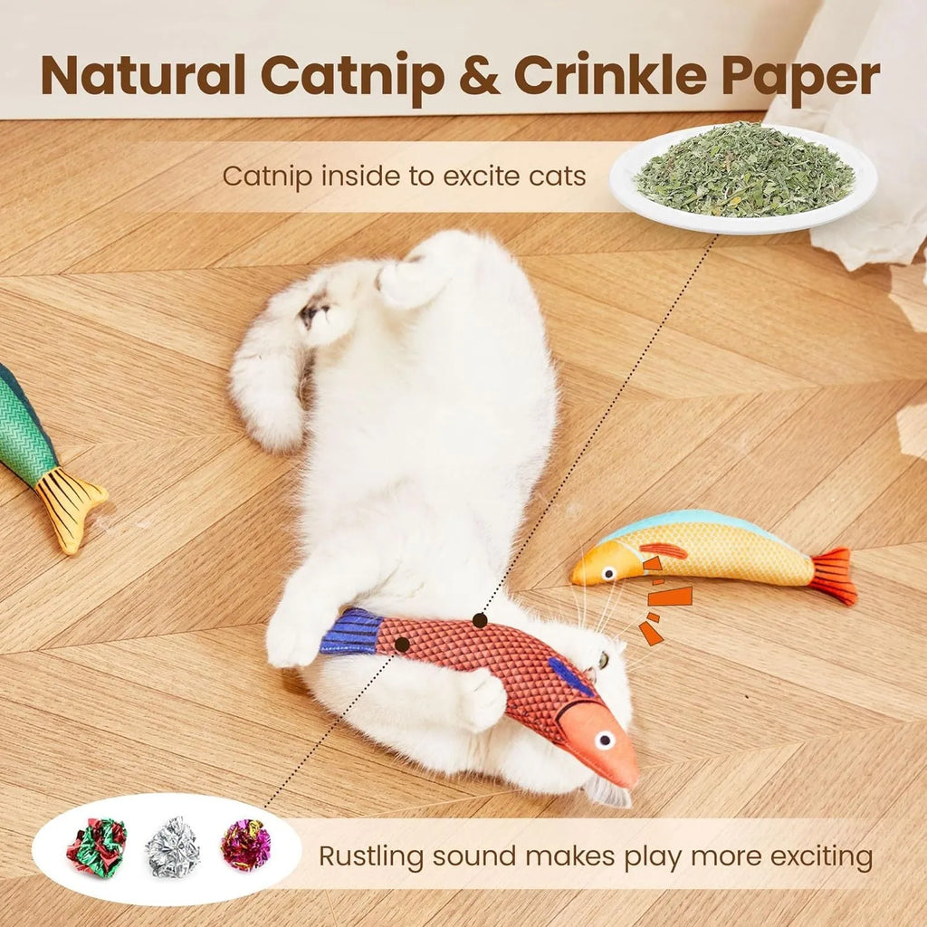 Soft plush saury fish cat toy with organic catnip filling in green, orange, and yellow colours