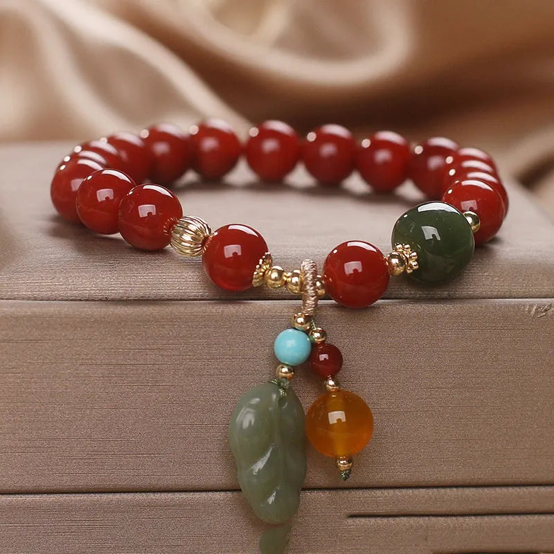 Natural South Red Agate bracelet for women with Hetian jade leaf pendant in ethnic style