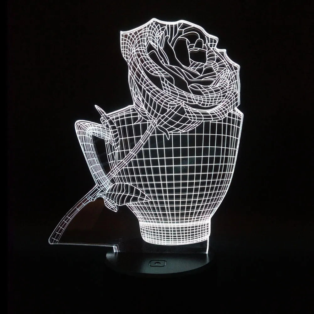 3D rose-shaped LED night light on a black base showing multiple colour options