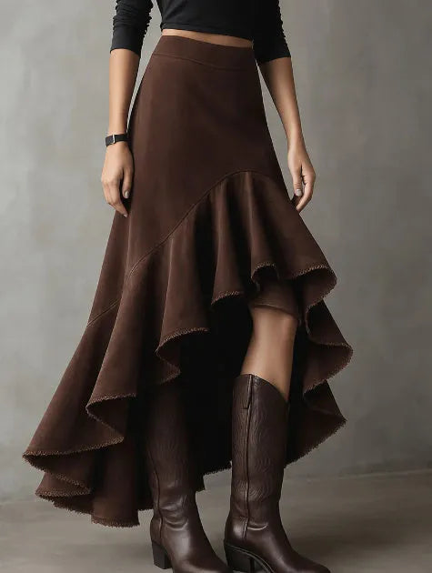 Western brown high-low maxi skirt with ruffle accents in eco suede-look polyester fabric