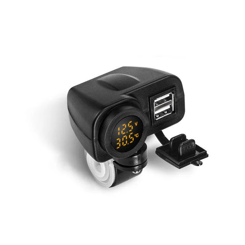 Waterproof motorcycle phone charger with QC3.0 fast charge, USB output, on/off switch, snap-in mount