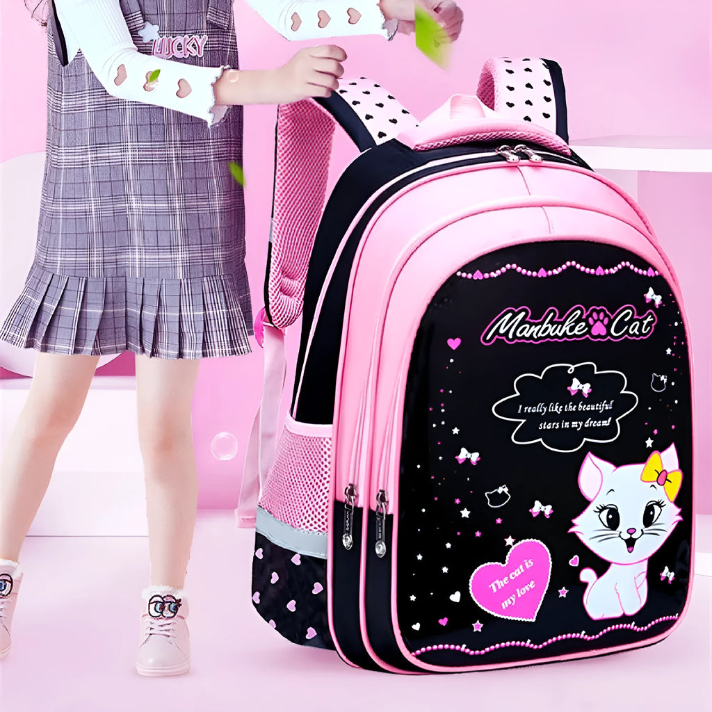 Kids school backpack with cute cat print in nylon, waterproof and load-reducing design, available in large or small sizes
