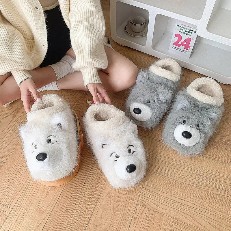 Women's ankle wrap cotton slippers in grey with plush upper and non-slip sole