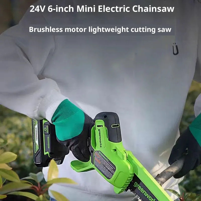 6-inch cordless electric chainsaw with 24V lithium battery, 400W motor, and two batteries