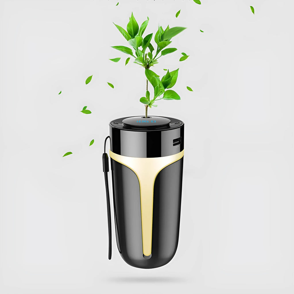Black multifunctional air purifier 73x73x152mm on desk with USB cable