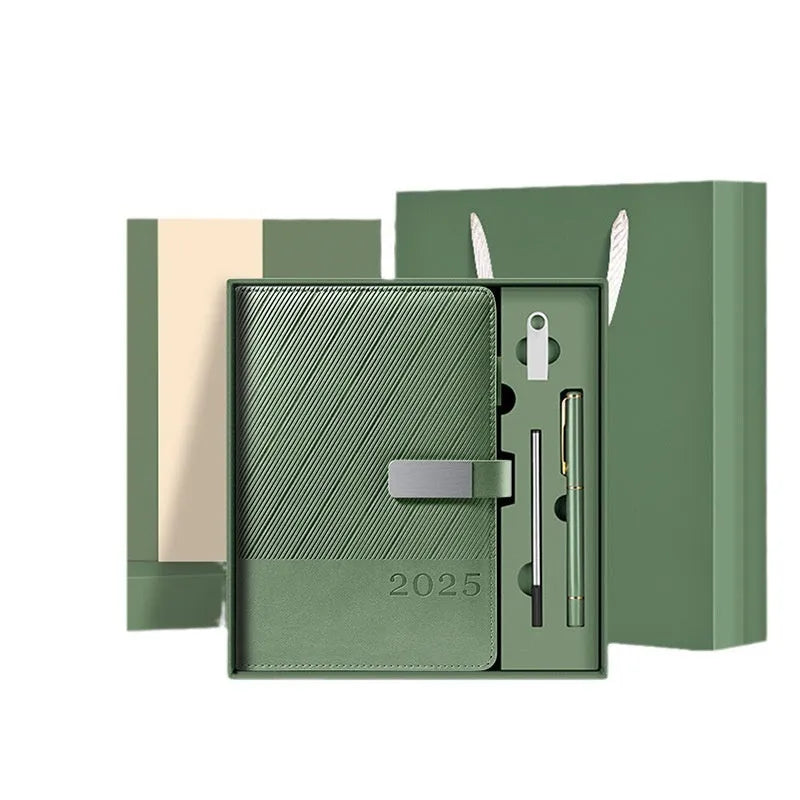 A4 notepad with striped PU leather cover open to show wood-free paper, available in eight colours.