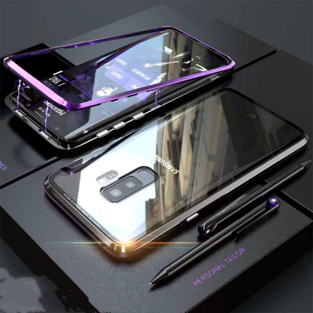 Black clamshell anti-peeping magnetic phone case for Samsung Galaxy shown open and closed.