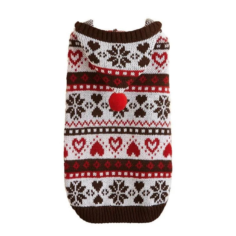 Pink knitted dog sweater with striped camouflage, snowflake, and love pattern on a small dog model.