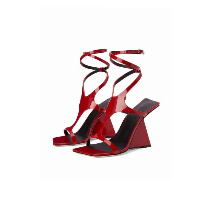 Women's black high heel sandals with square toe and button fastening, 9.5cm heel.