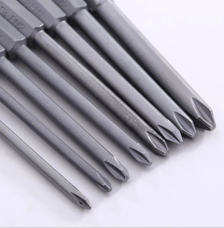 Eight 75mm long magnetic cross-head screwdriver bits with a 1/4 inch hex shank, laid out in a set.