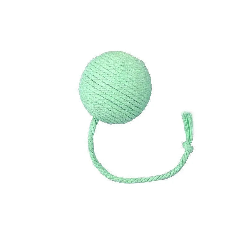 Cat toy ball with rope handle in green, pink, purple or yellow colours with internal bell