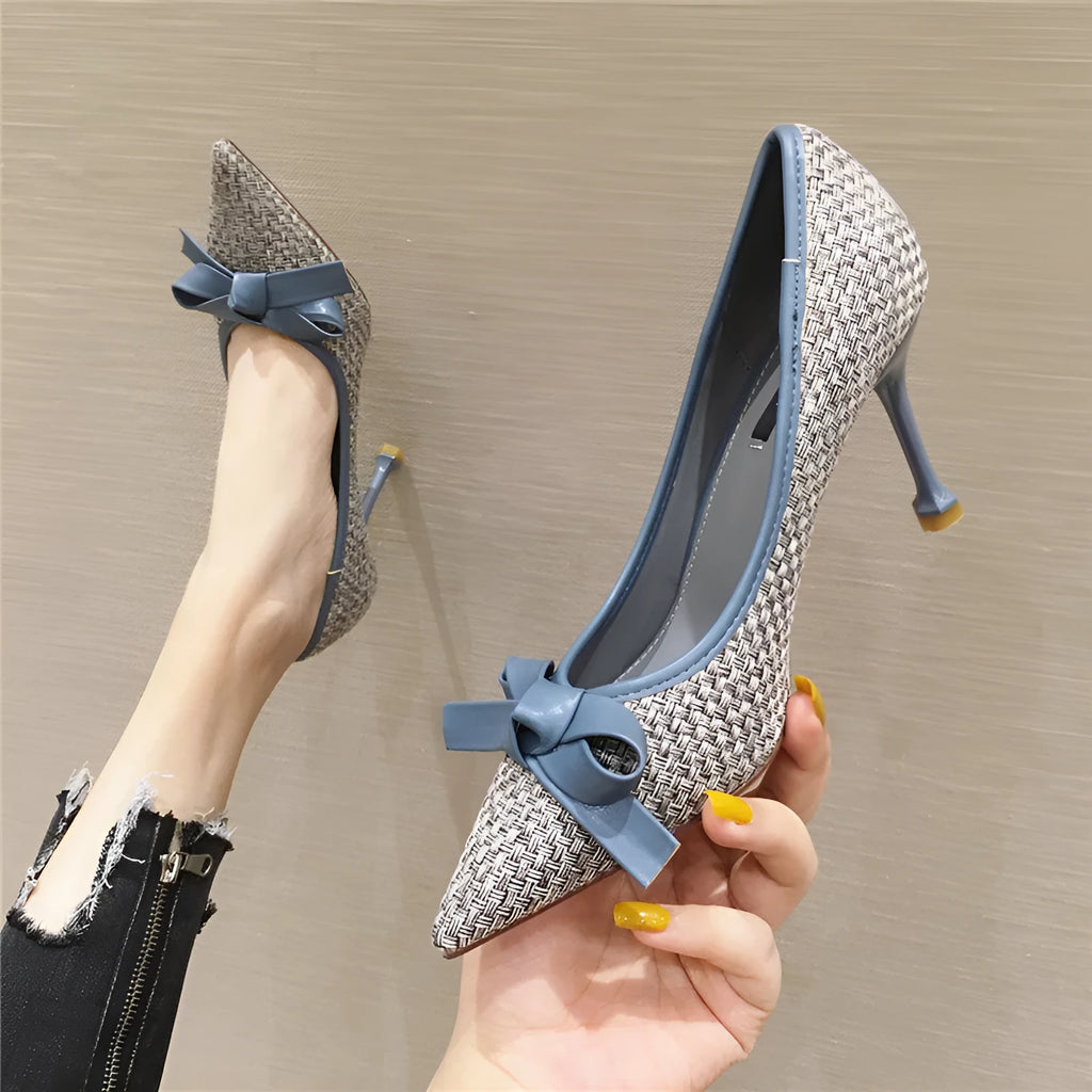 Women's suede bow stiletto pointed high heels in black, grey, and blue, 6-8cm heel, sizes 34-40
