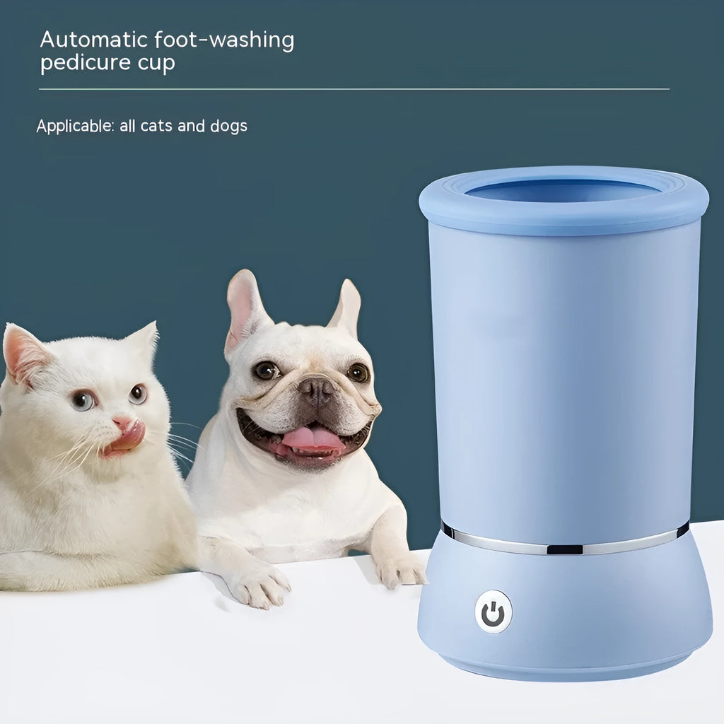 White and blue pet paw cleaning cup with silicone bristles for dogs and cats