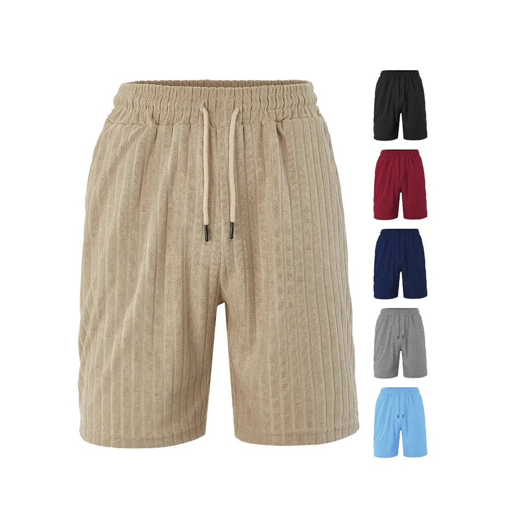 Men's loose-fit breathable jacquard casual shorts in navy blue, black, burgundy, khaki and light blue, sizes S to 3XL