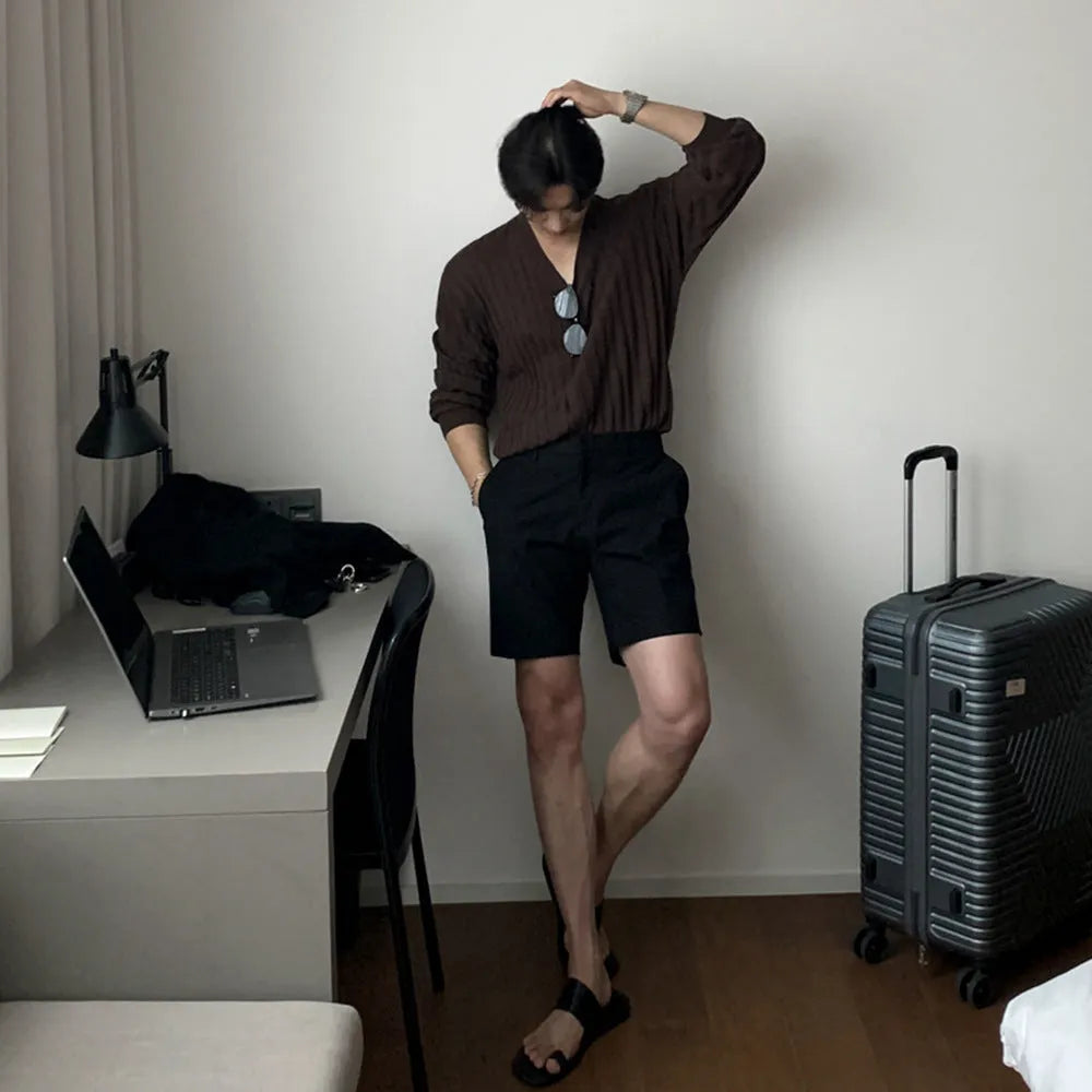 Men's straight leg casual shorts in non-ironing polyester fabric available in black, white, and khaki colours