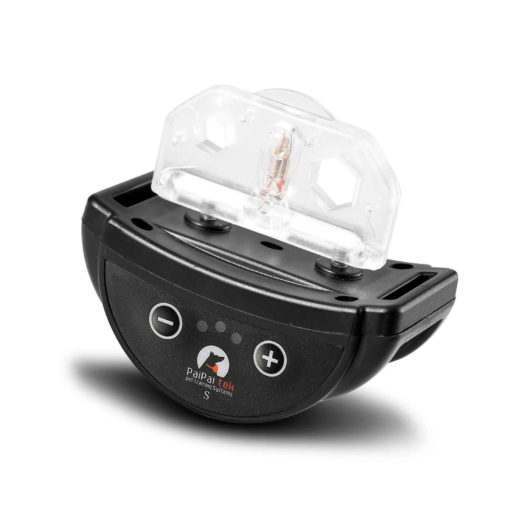 Anti-bark dog collar with adjustable sensitivity and voice control, compact size 5x3.4x2.8cm, for medium puppies.