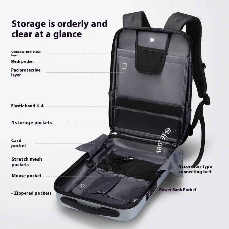 Anti-theft 17.3-inch laptop backpack with ABS hard shell, USB interface, and curved shoulder straps in Deep Space Black