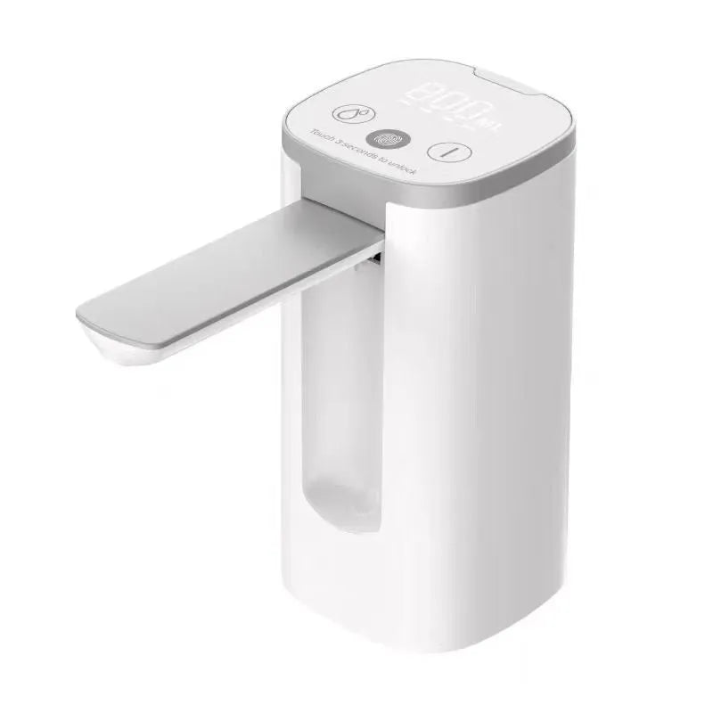 Black and white portable bucket table water pump with LCD touch screen in folded position.