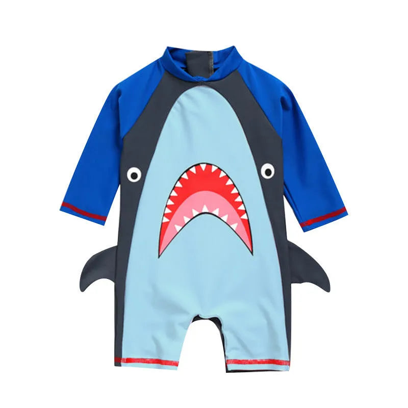 Blue boys one-piece swimsuit with cartoon pattern, polyester high elasticity fabric, Asian sizes S to XL
