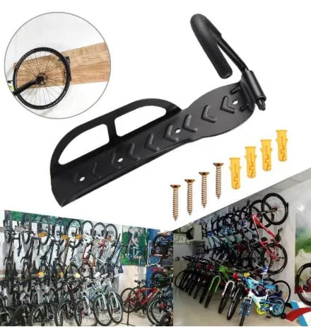 Black steel mountain bike wall rack with sponge-protected hook, measuring 260x130x70mm, loaded with a mountain bike