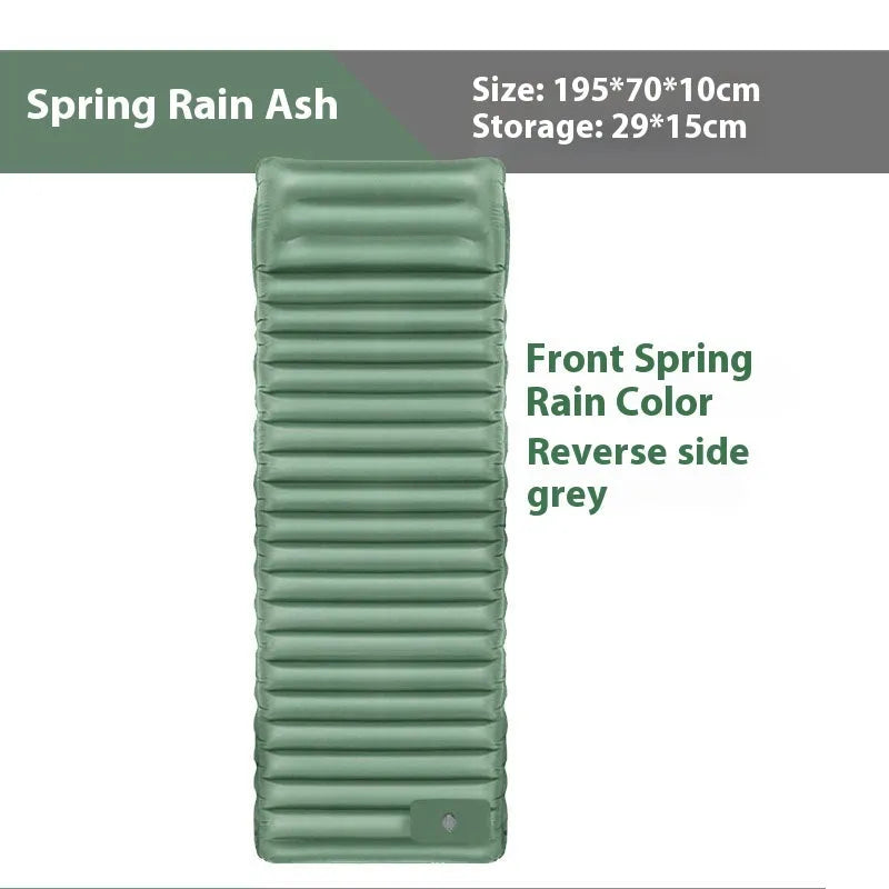 Single inflatable camping air mattress in grey, shown rolled and expanded, with integrated valve.