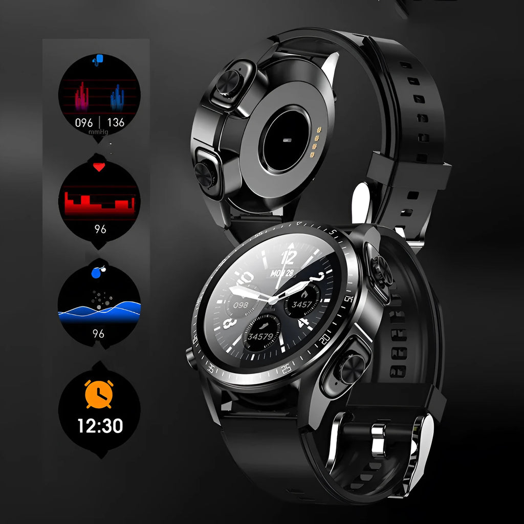 Black smart watch with blood pressure and oxygen monitoring on silicone wristband