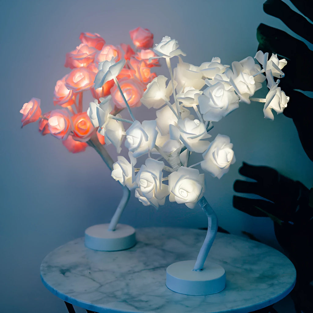 White and red rose flower LED table lamp with bonsai tree design and warm white lights