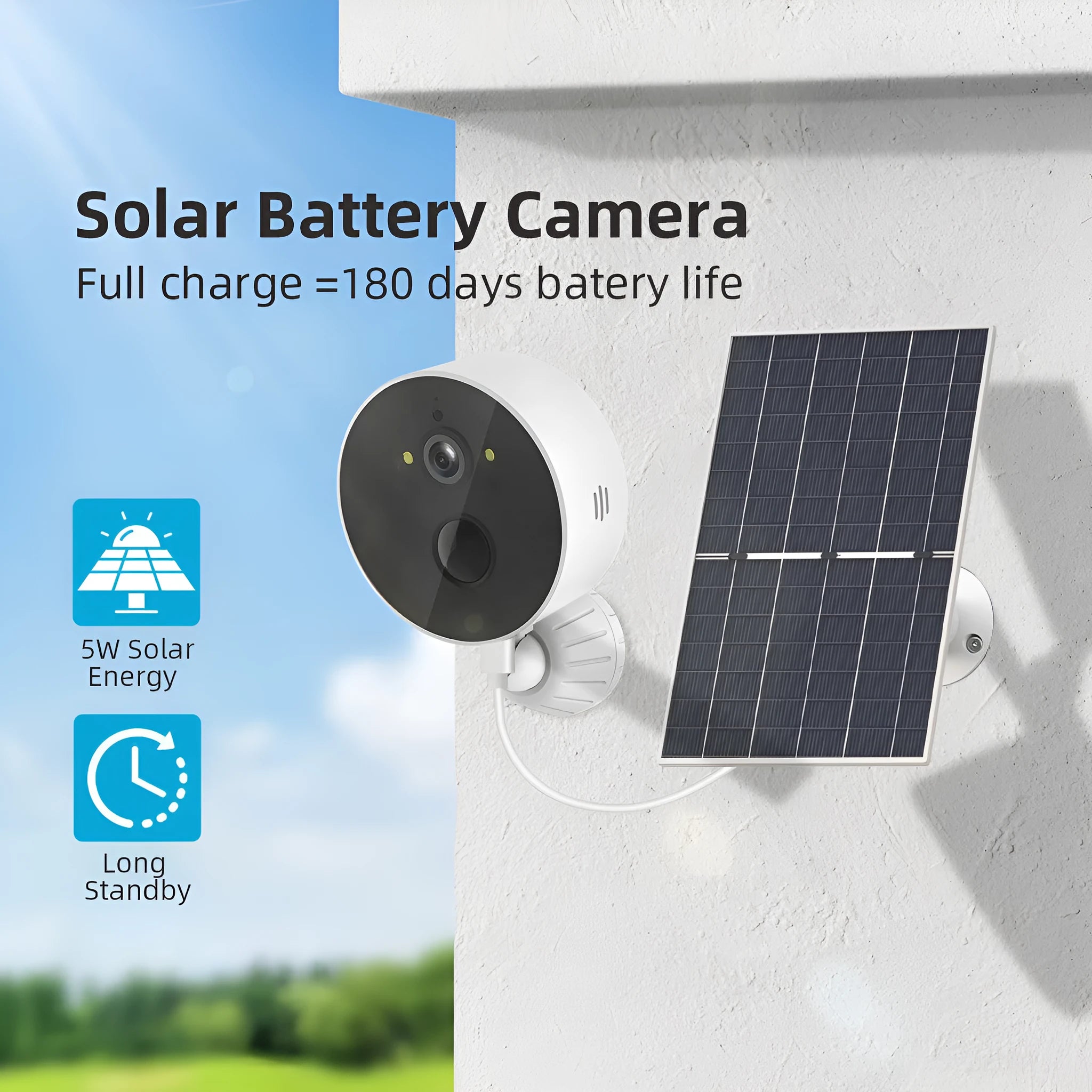 Outdoor solar-powered security camera with separate solar panel unit