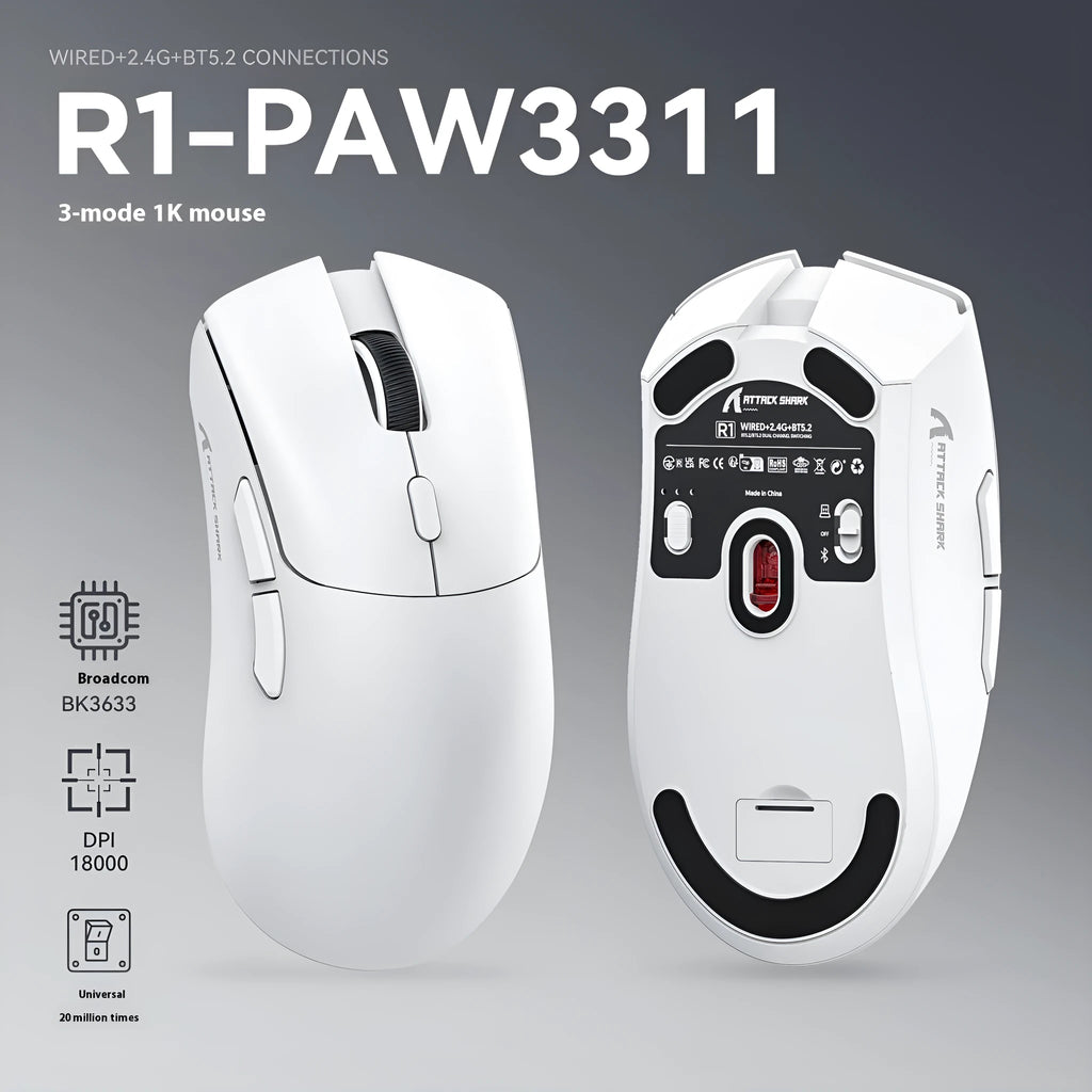 Attack Shark wireless Bluetooth gaming mouse in black, white, or red colour options