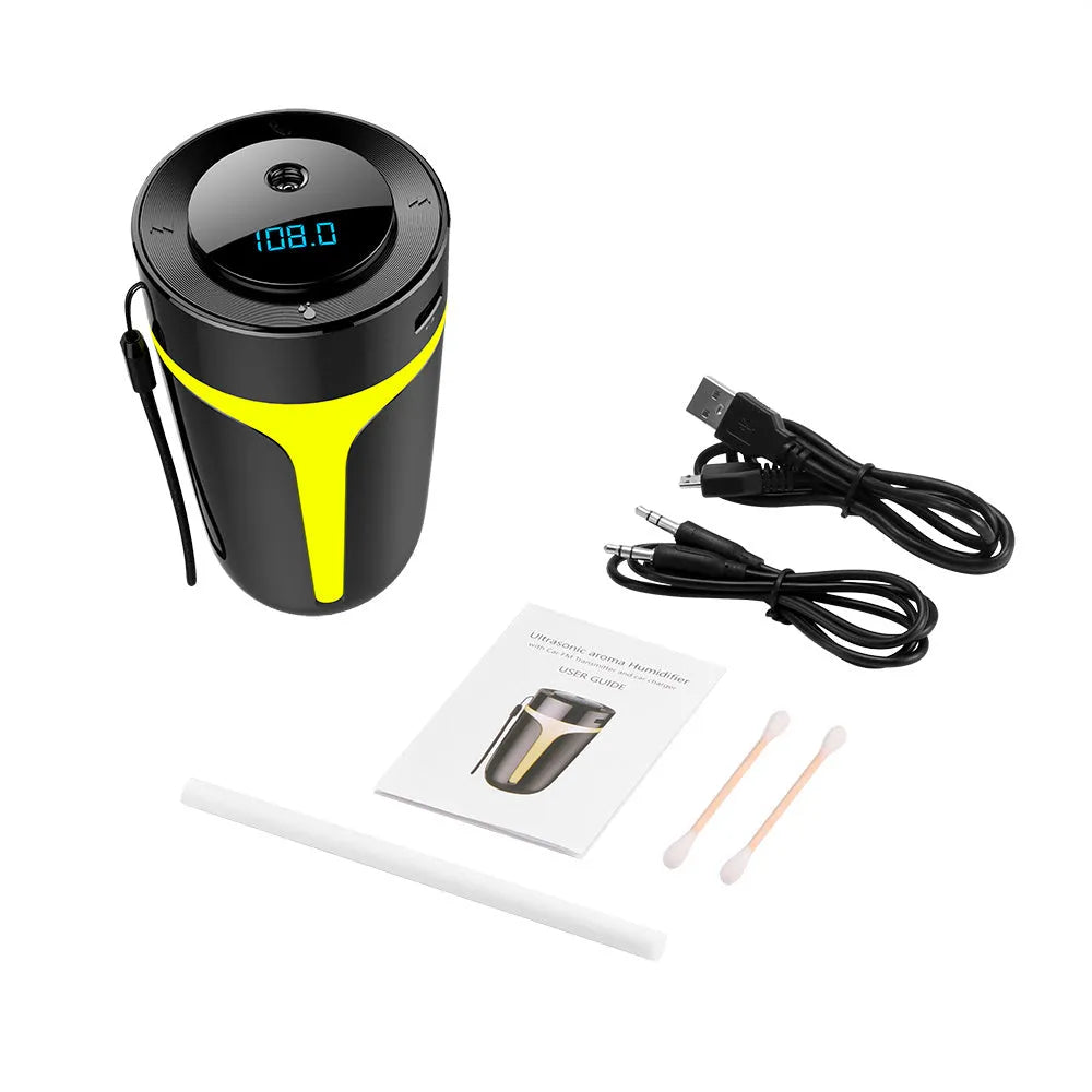 Black multifunctional air purifier 73x73x152mm on desk with USB cable
