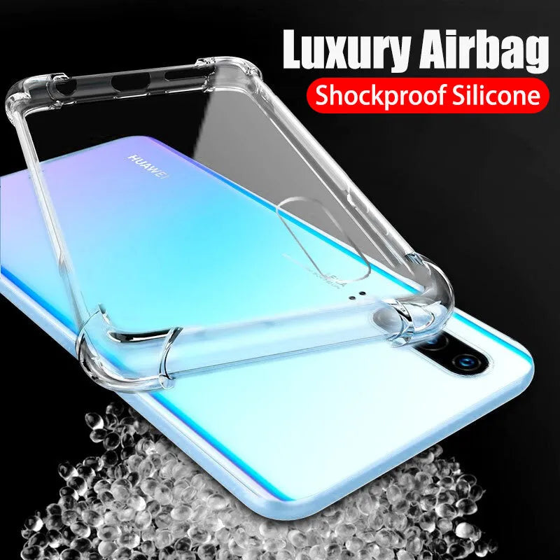 Transparent airbag drop-resistant phone case on Huawei smartphone showing clear protective coverage