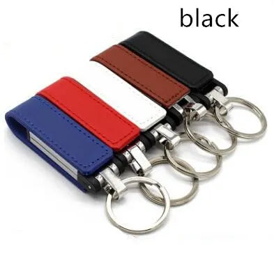 Leather USB 2.0 flash drive keychain in brown with keyring attachment on a white background