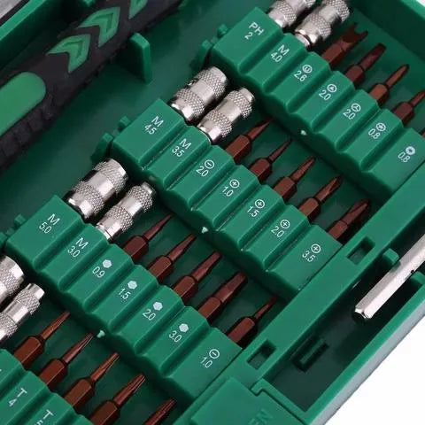 Screwdriver kit with S2 alloy bits in a compact storage case on a workbench