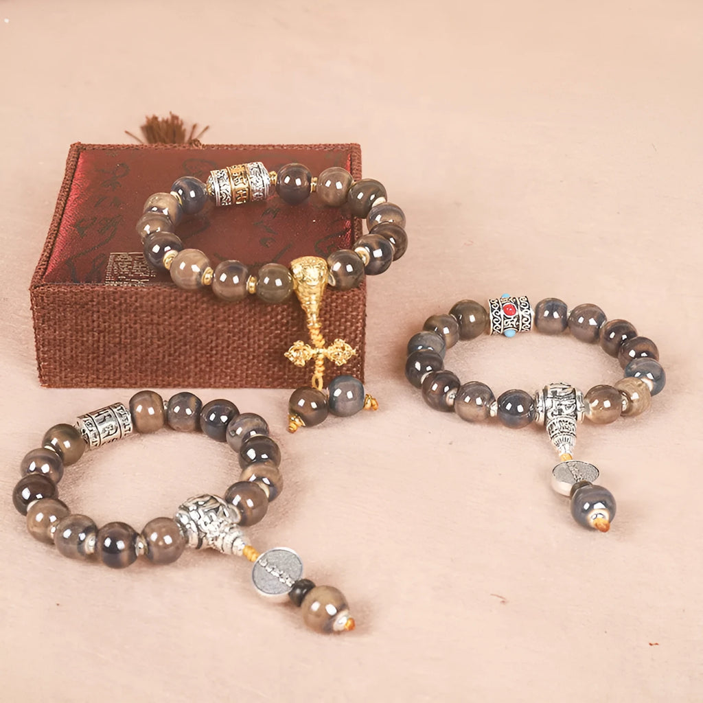 Men's gradient coloured glaze ceramic bracelet with Yonghe blessing charm and polished beads.