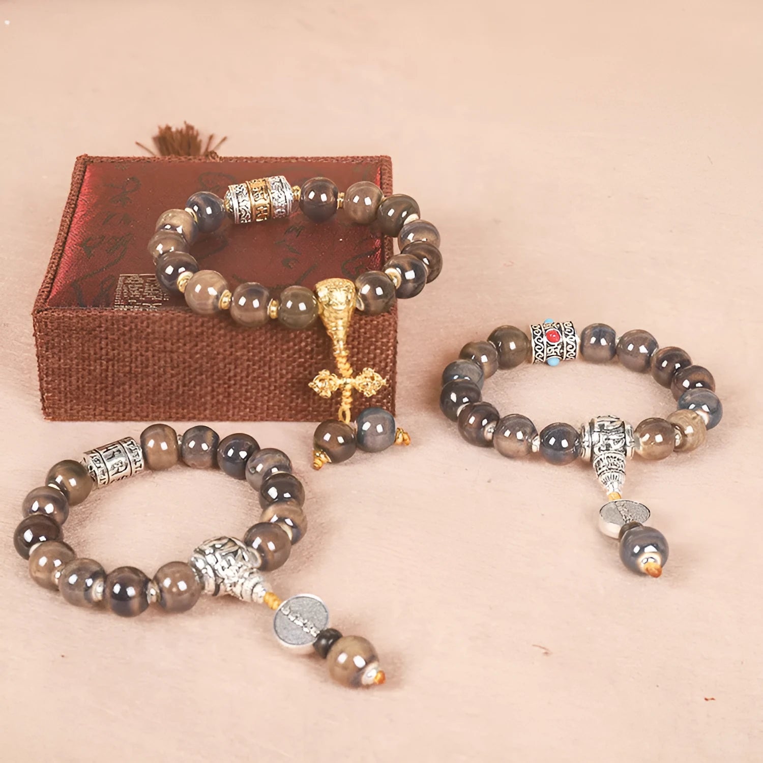 Men's gradient coloured glaze ceramic bracelet with Yonghe blessing charm and polished beads.